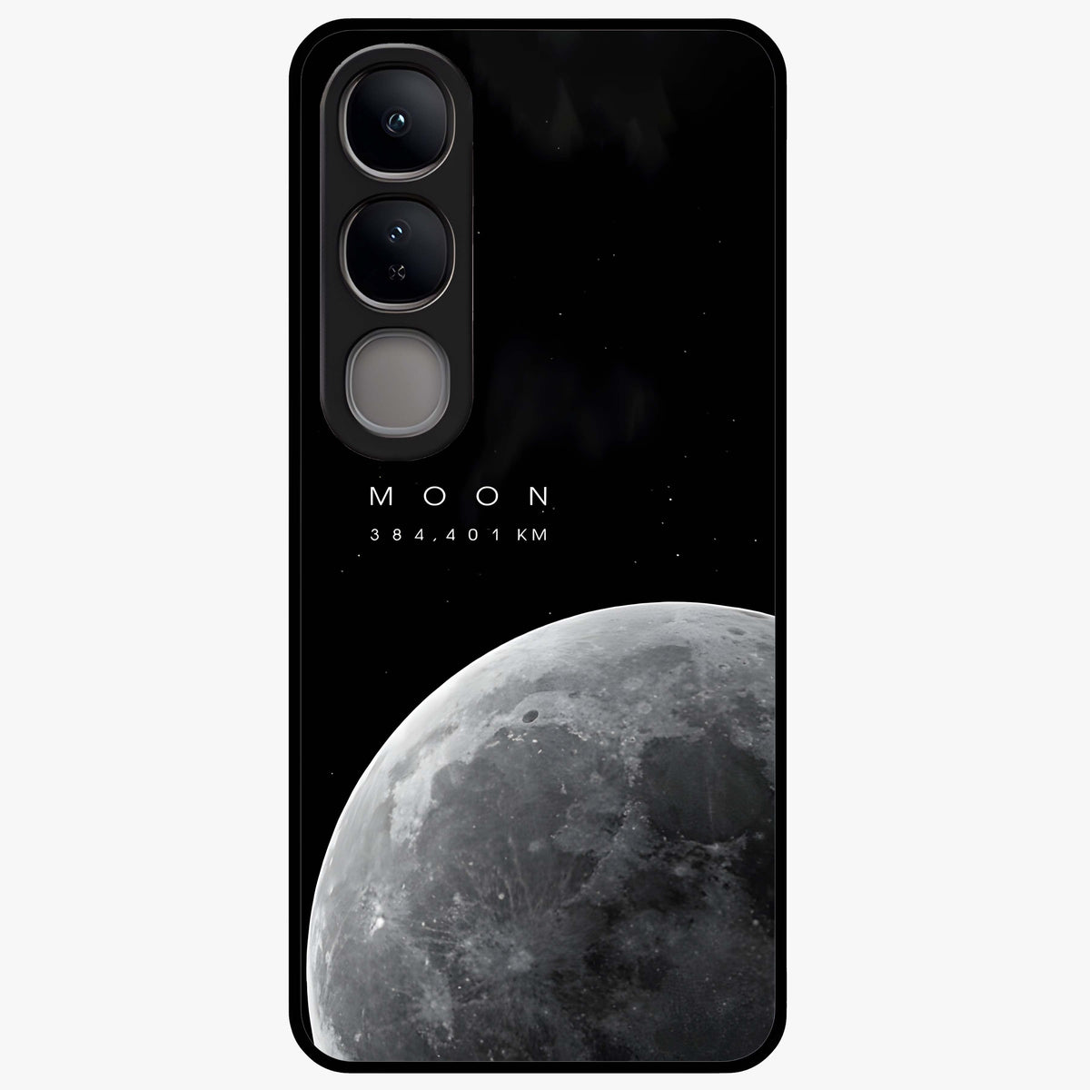 Cosmic Moon Glow Glass Case showing flat back view with glowing moon artwork and glossy glass finish.