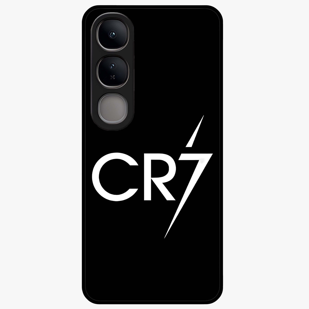 Cr7 Elite Strike Glass Case showing flat back view with dynamic football inspired artwork and glossy glass finish.