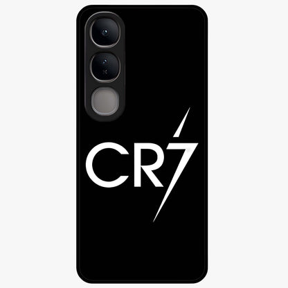 Cr7 Elite Strike Glass Case showing flat back view with dynamic football inspired artwork and glossy glass finish.