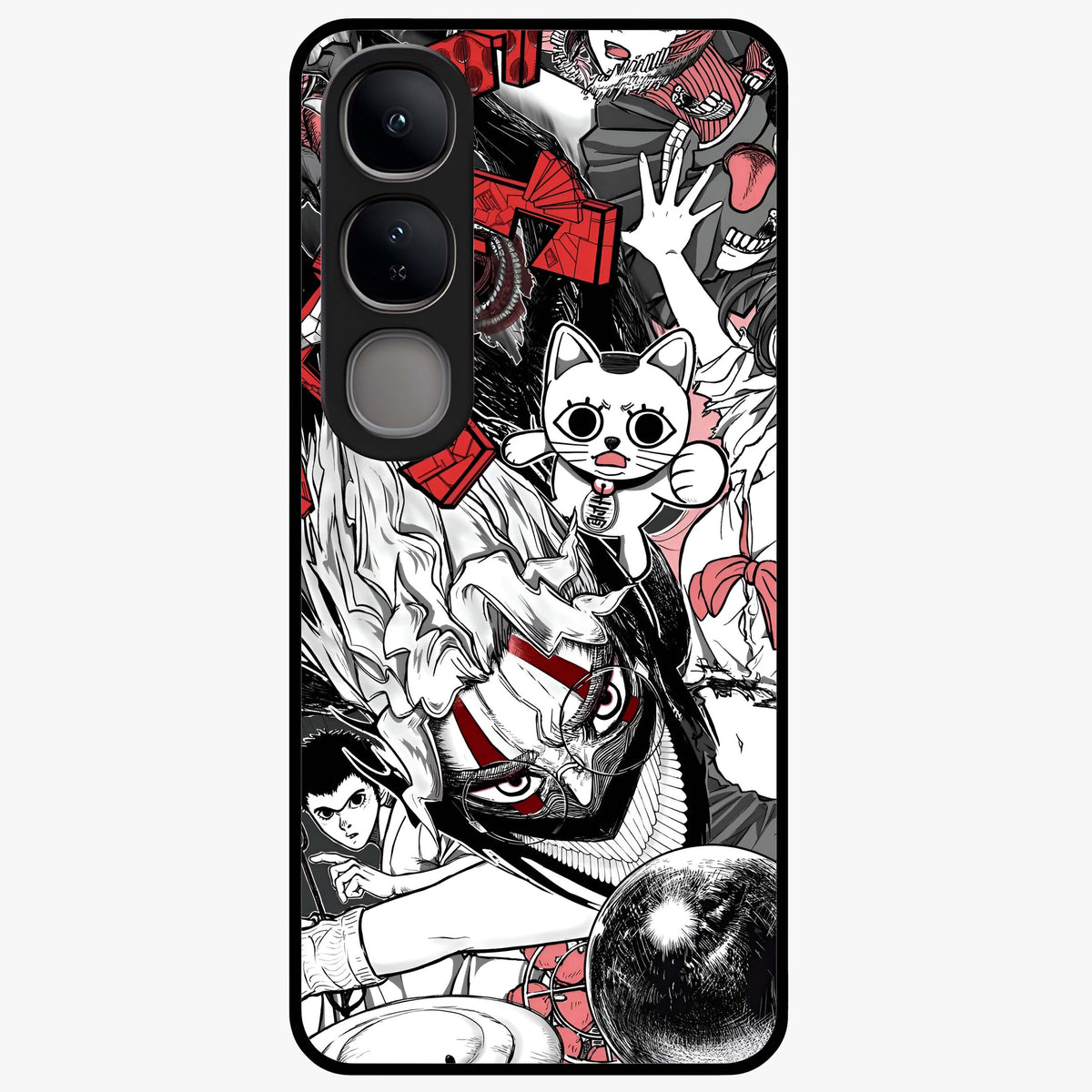 Crimson Chaos Panel Glass Case showing flat back view with bold crimson abstract artwork and glossy glass finish.
