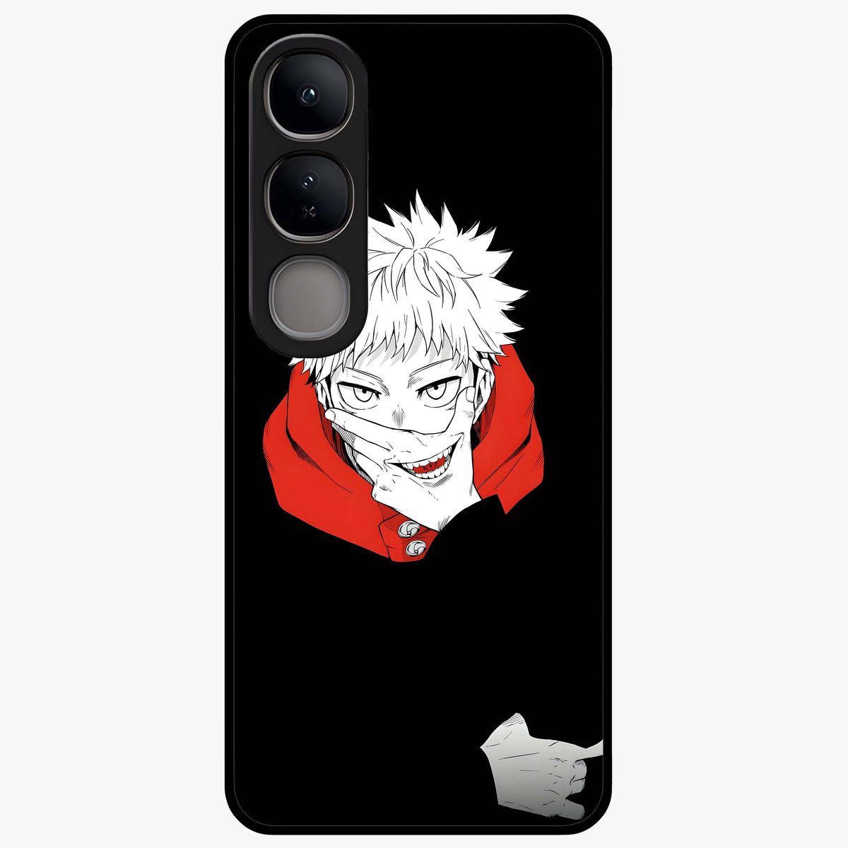 Crimson Chaos Smile Glass Case showing flat back view with bold chaotic smile artwork and glossy glass finish.