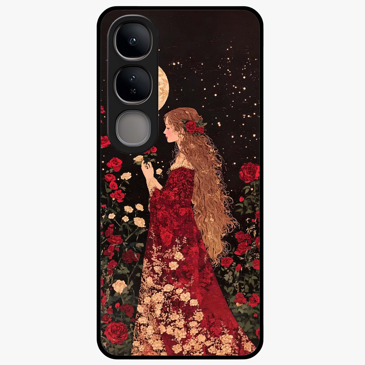 Crimson Dreams Glass Case showing flat back view with dreamy crimson artwork and glossy glass finish.