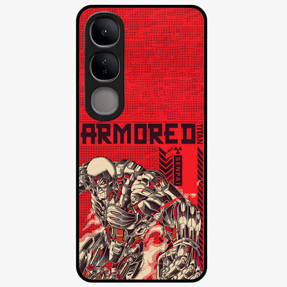 Crimson Mecha Titan Glass Case showing flat back view with powerful mech titan artwork and glossy glass finish.