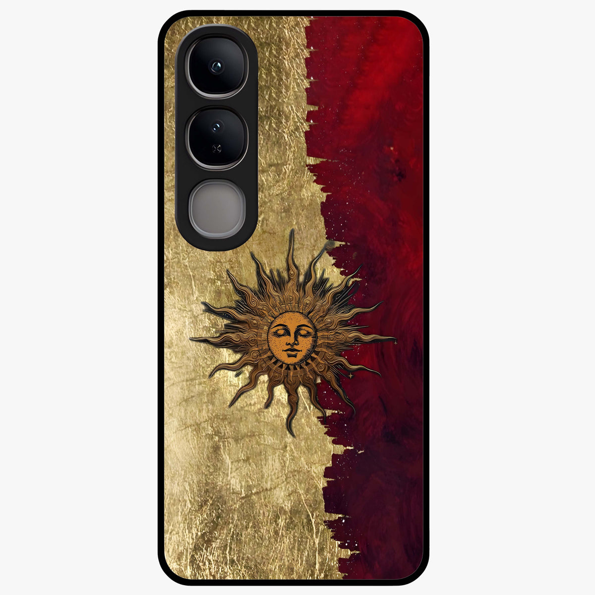 Crimson Sun Majesty Glass Case showing flat back view with radiant sun inspired artwork and glossy glass finish.