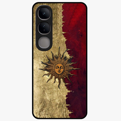 Crimson Sun Majesty Glass Case showing flat back view with radiant sun inspired artwork and glossy glass finish.
