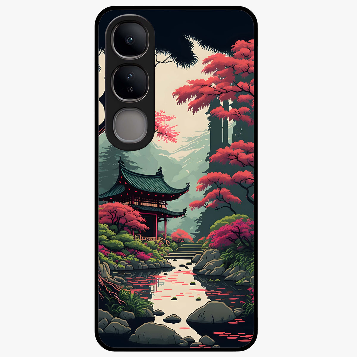 Crimson Temple View Glass Case showing flat back view with temple inspired artwork and glossy glass finish.