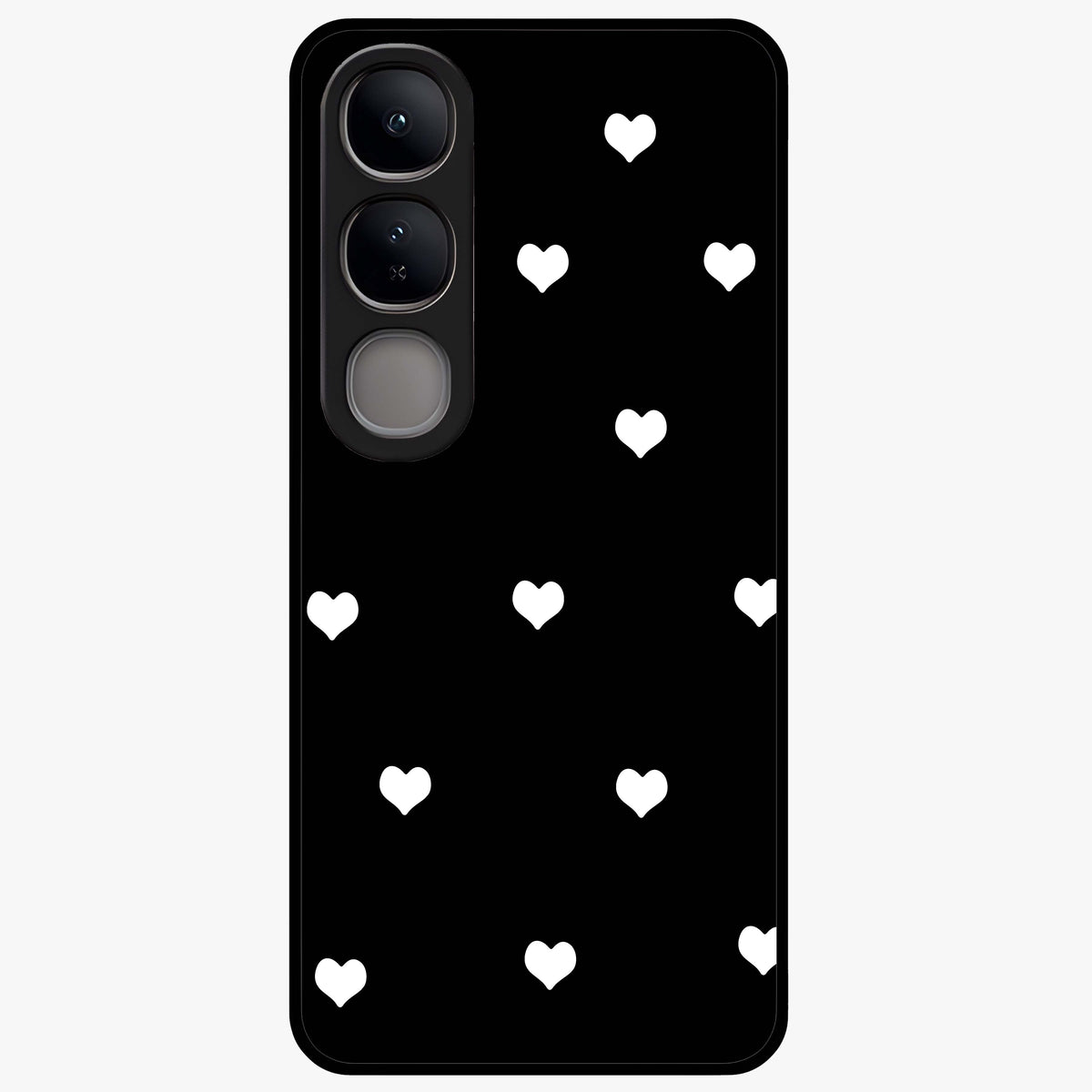 Cute And Simple White Hearts Glass Case showing flat back view with minimal white heart pattern and glossy glass finish.