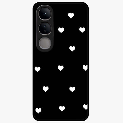 Cute And Simple White Hearts Glass Case showing flat back view with minimal white heart pattern and glossy glass finish.