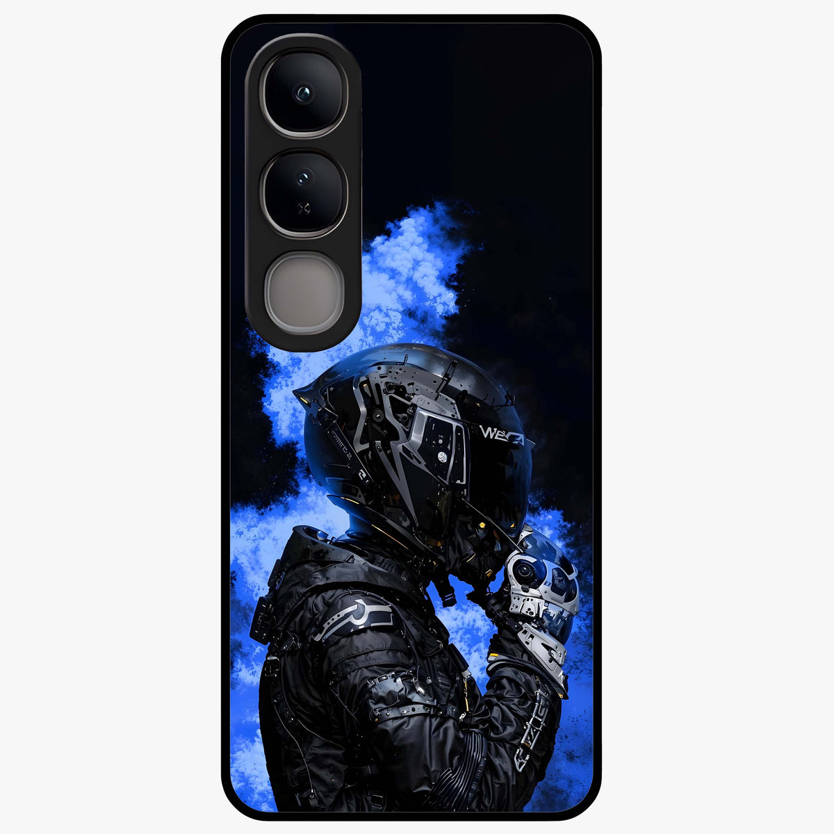 Cyber Sentinel Protocol Glass Case showing flat back view with futuristic cyber themed artwork and glossy glass finish.