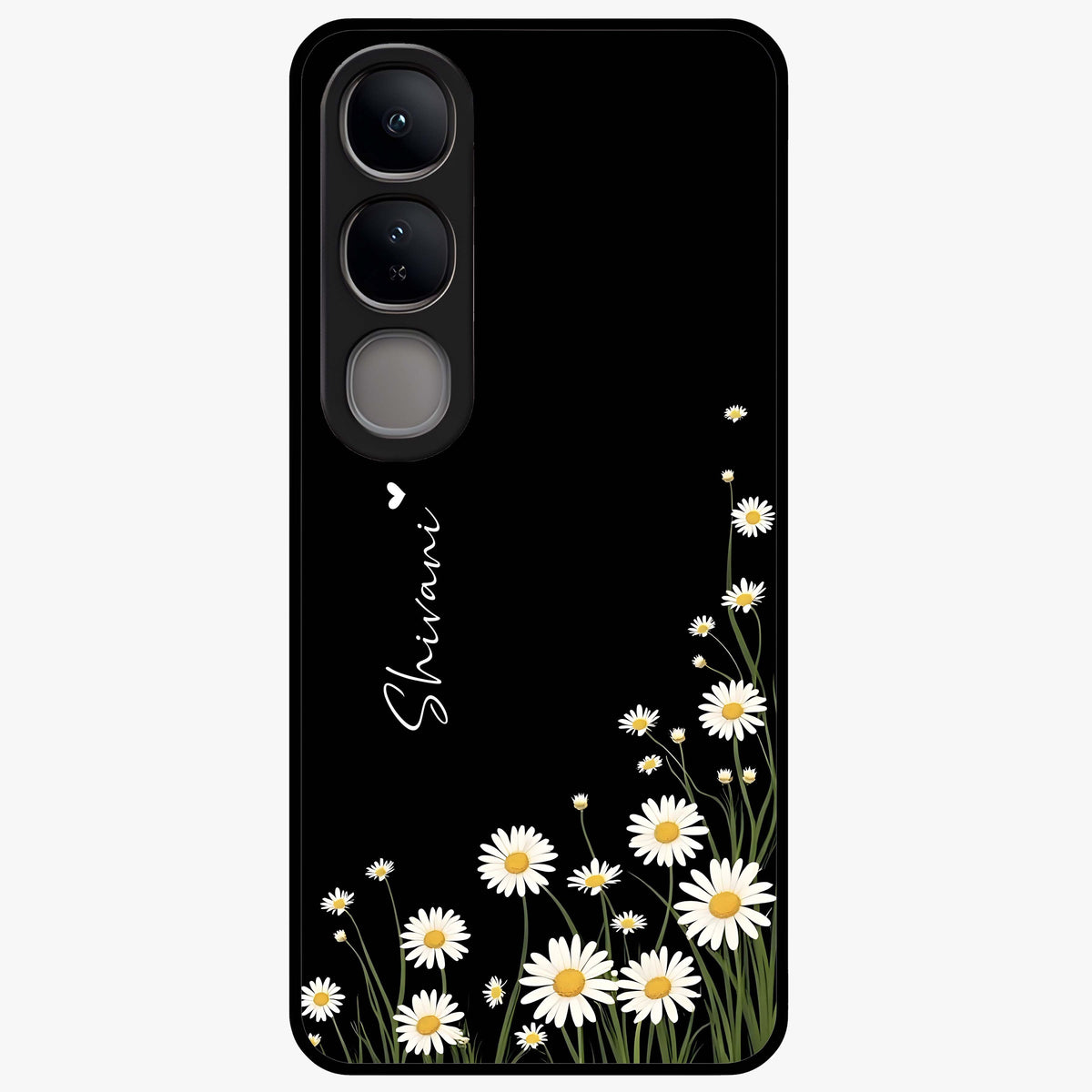 Daisy Cascade Custom Name Glass Case showing flat back view with cascading daisy flowers and personalized name design.