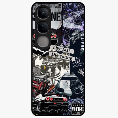 Die Young Glass Case showing flat back view with bold artistic typography design and glossy glass finish.