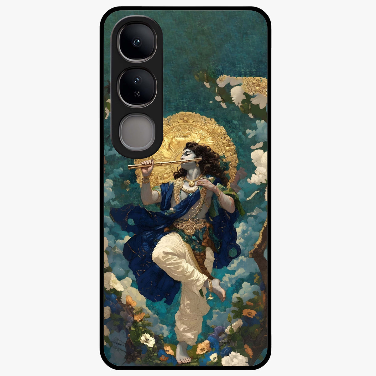 Divine Krishna Art Glass Case showing flat back view with Lord Krishna artwork and glossy glass finish.