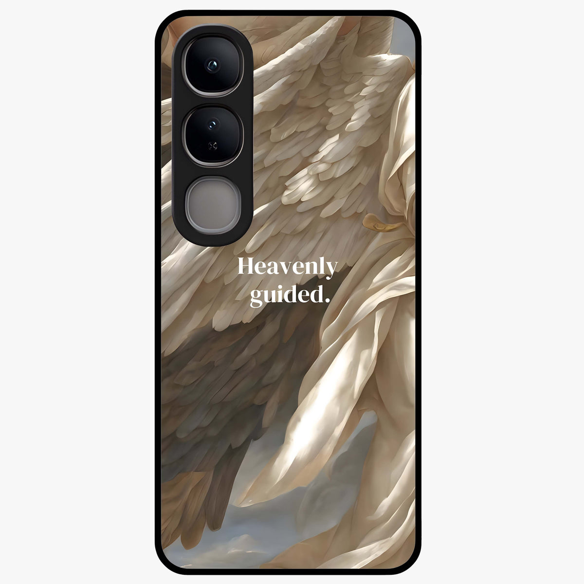 Divine Winged Grace Glass Case showing flat back view with elegant wing inspired artwork and glossy glass finish.