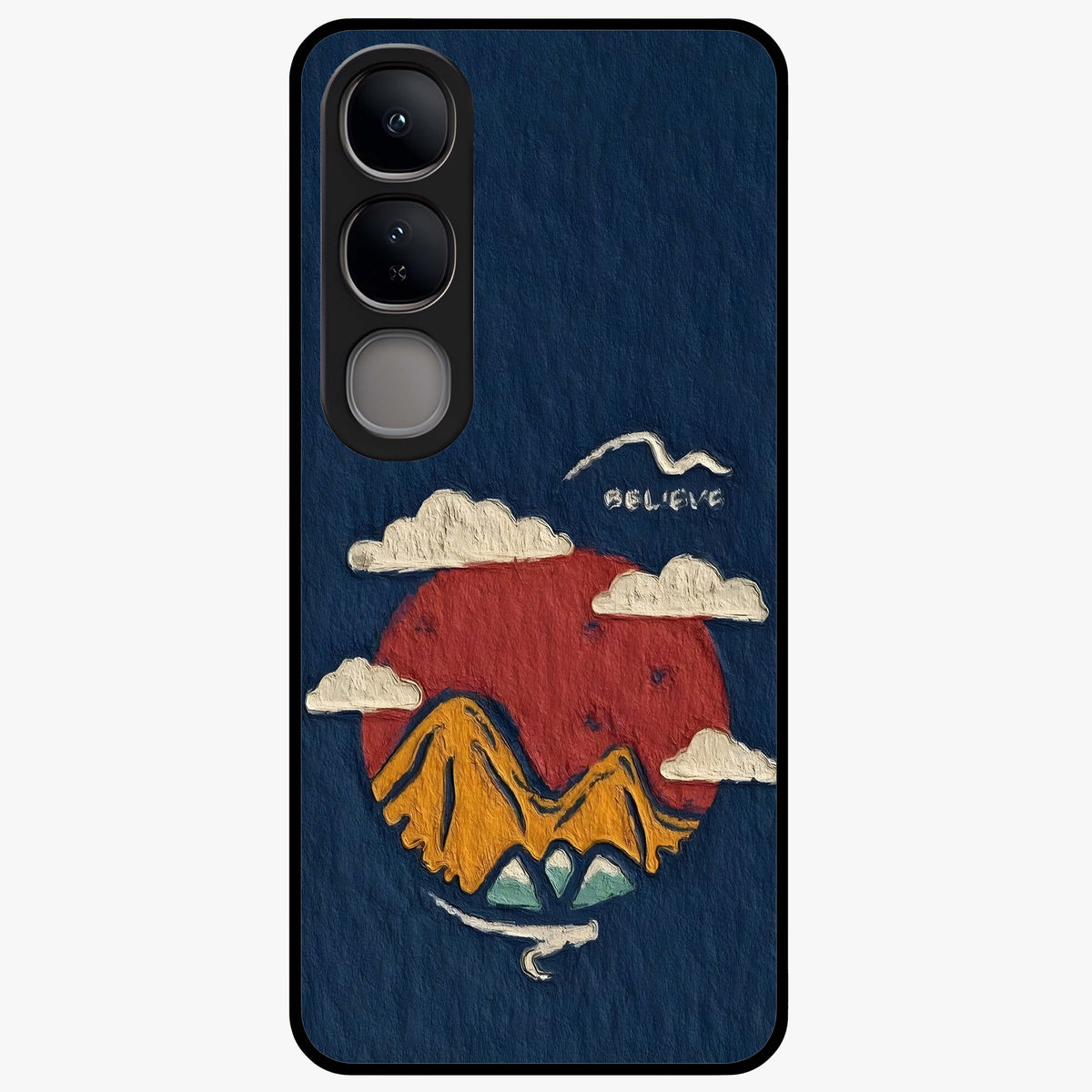 Dream Beyond Mountains Glass Case showing flat back view with scenic mountain landscape artwork and glossy glass finish.