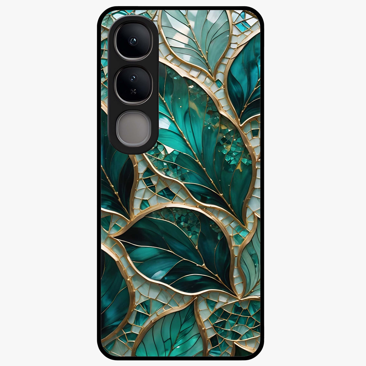 Emerald Leaf Glass Glass Case showing flat back view with emerald green leaf artwork and glossy glass finish.