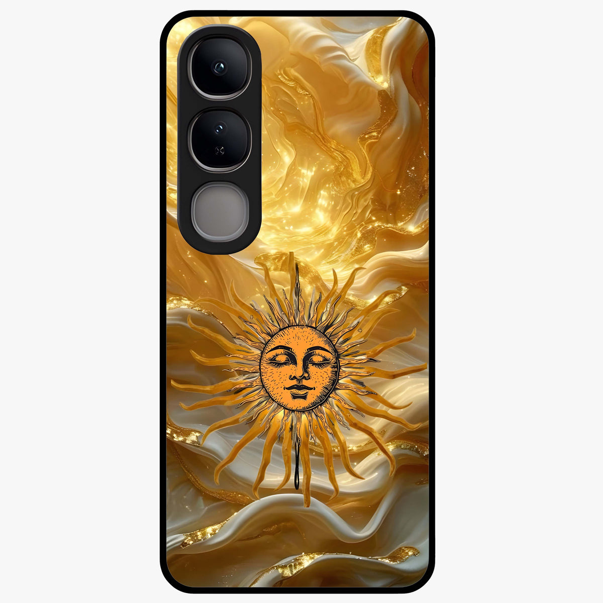 Eternal Golden Glow Glass Case showing flat back view with radiant golden themed artwork and glossy glass finish.