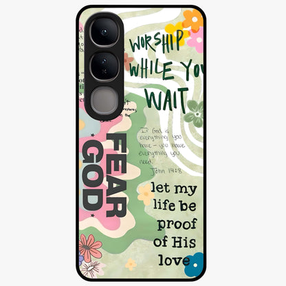 Faith Over Fear Glass Case showing flat back view with motivational typography artwork and glossy glass finish.