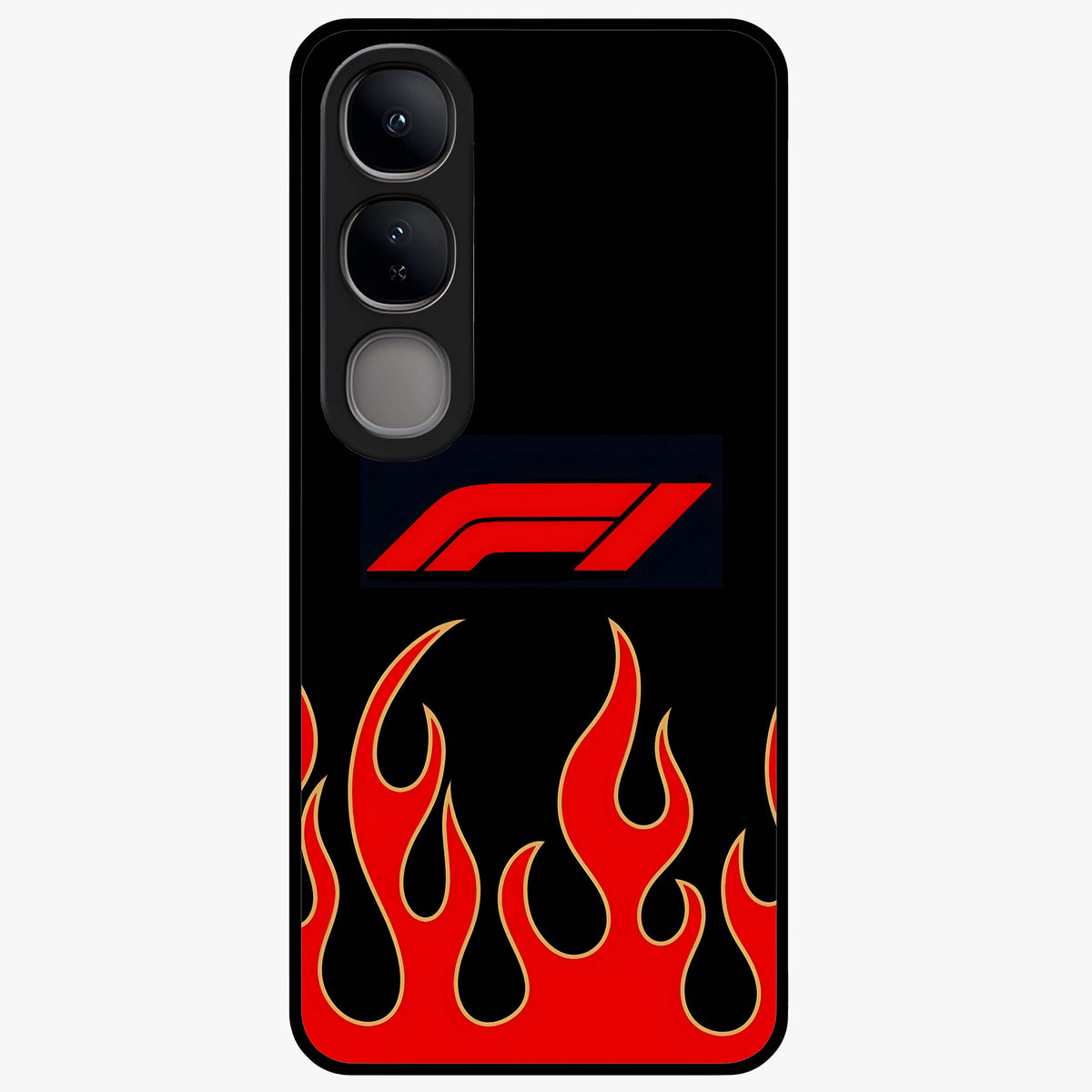 Fire F11 Glass Case showing flat back view with fiery themed artwork and glossy glass finish.