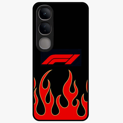 Fire F11 Glass Case showing flat back view with fiery themed artwork and glossy glass finish.