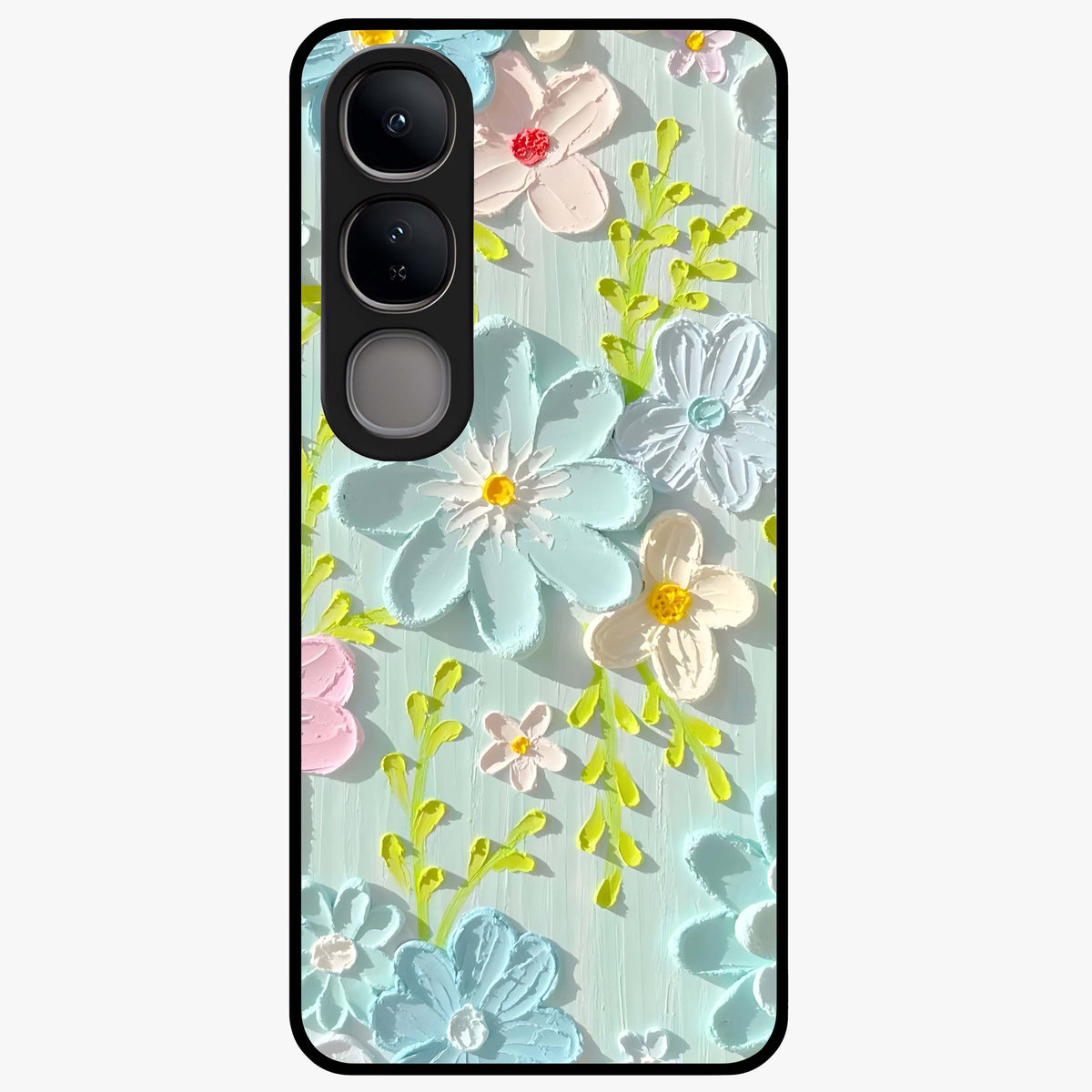 Frosted Petal Garden Glass Case showing flat back view with soft frosted floral artwork and glossy glass finish.