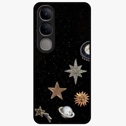 Galactic Charm Glow Glass Case showing flat back view with glowing celestial charm artwork and glossy glass finish.