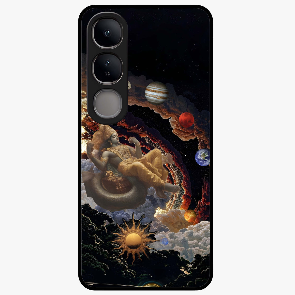 Galactic Divine God Glass Case showing flat back view with divine cosmic themed artwork and glossy glass finish.