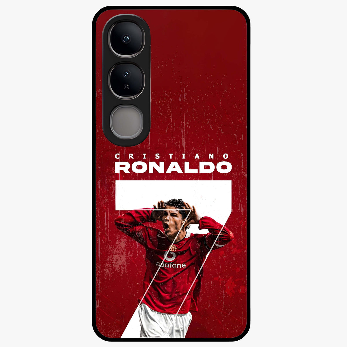 Goal Celebration Legacy Glass Case showing flat back view with football celebration inspired artwork and glossy glass finish.