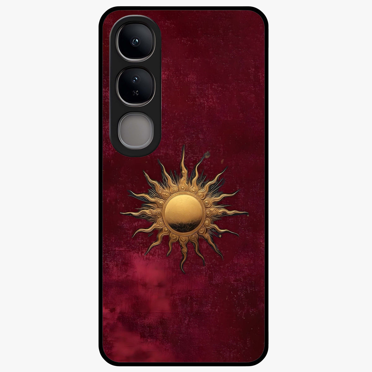 Gold Sun Blush Glass Case showing flat back view with golden sun inspired artwork and glossy glass finish.