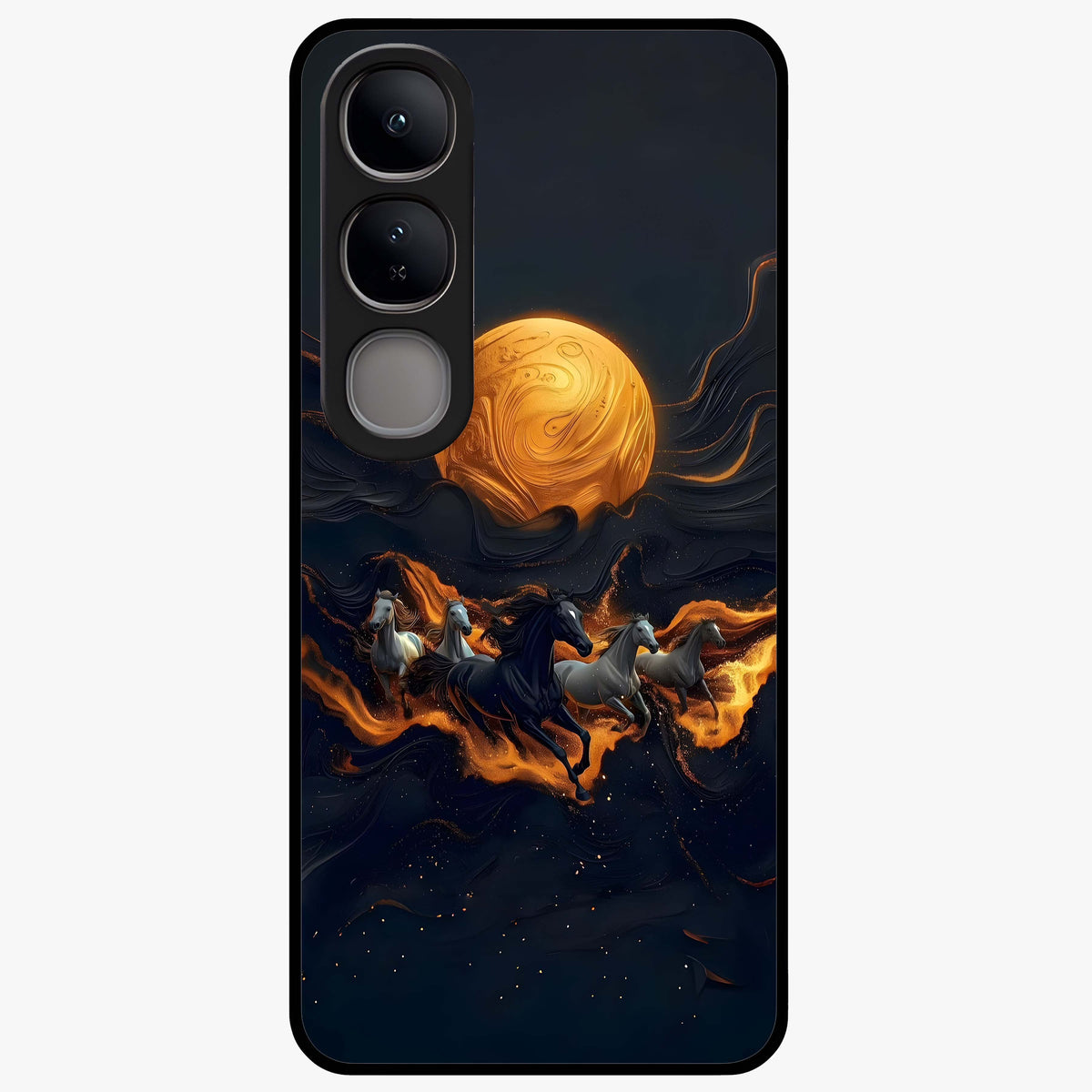 Golden Stallion Moonride Glass Case showing flat back view with majestic horse under moonlight artwork and glossy glass finish.