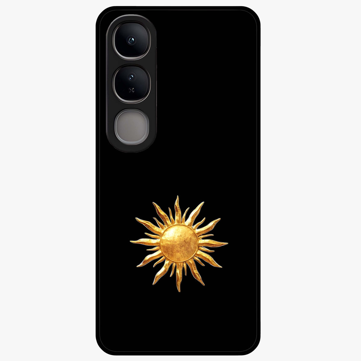 Golden Sun Minimalism Glass Case showing flat back view with minimal golden sun artwork and glossy glass finish.