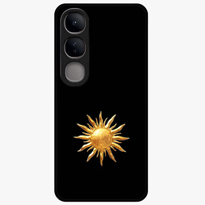 Golden Sun Minimalism Glass Case showing flat back view with minimal golden sun artwork and glossy glass finish.