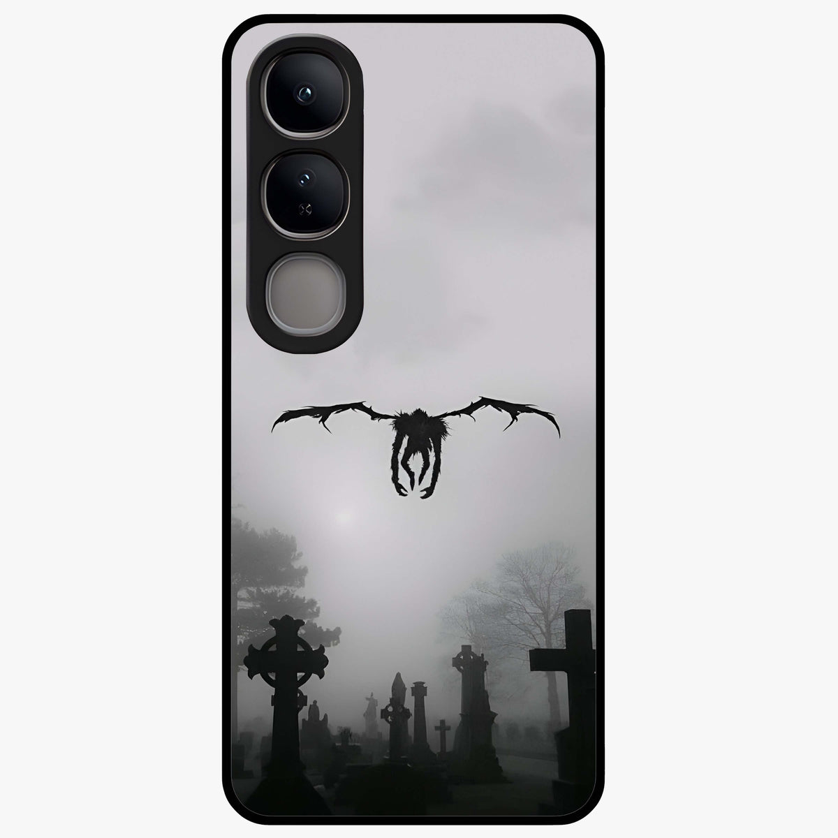 Graveyard Shadow Descent Glass Case showing flat back view with dark graveyard themed artwork and glossy glass finish.