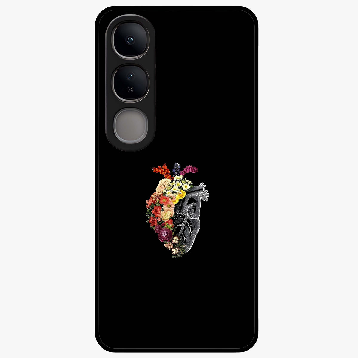 Heart With Flowers Glass Case showing flat back view with heart shaped floral artwork and glossy glass finish.