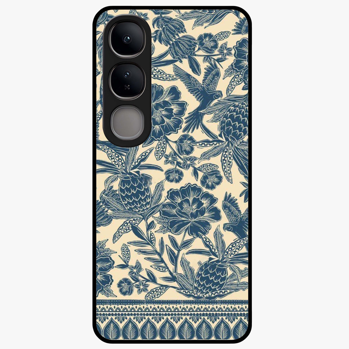Heirloom Wild Bloom Glass Case showing flat back view with vintage inspired wild flower artwork and glossy glass finish.