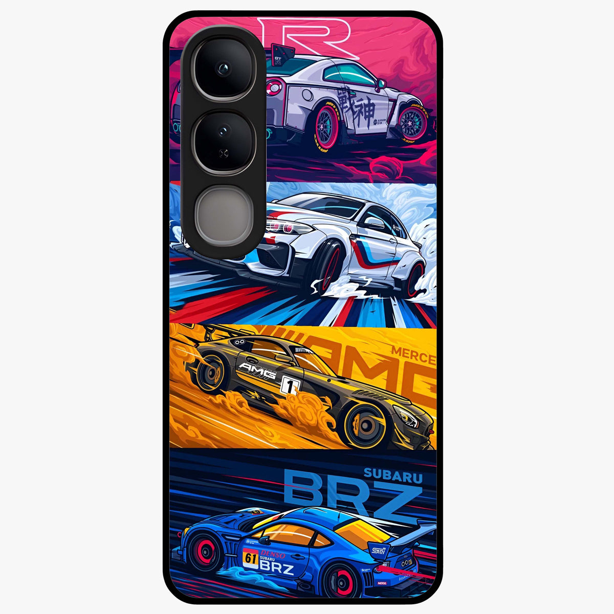 JDM Sports Car Glass Case showing flat back view with high performance sports car artwork and glossy glass finish.