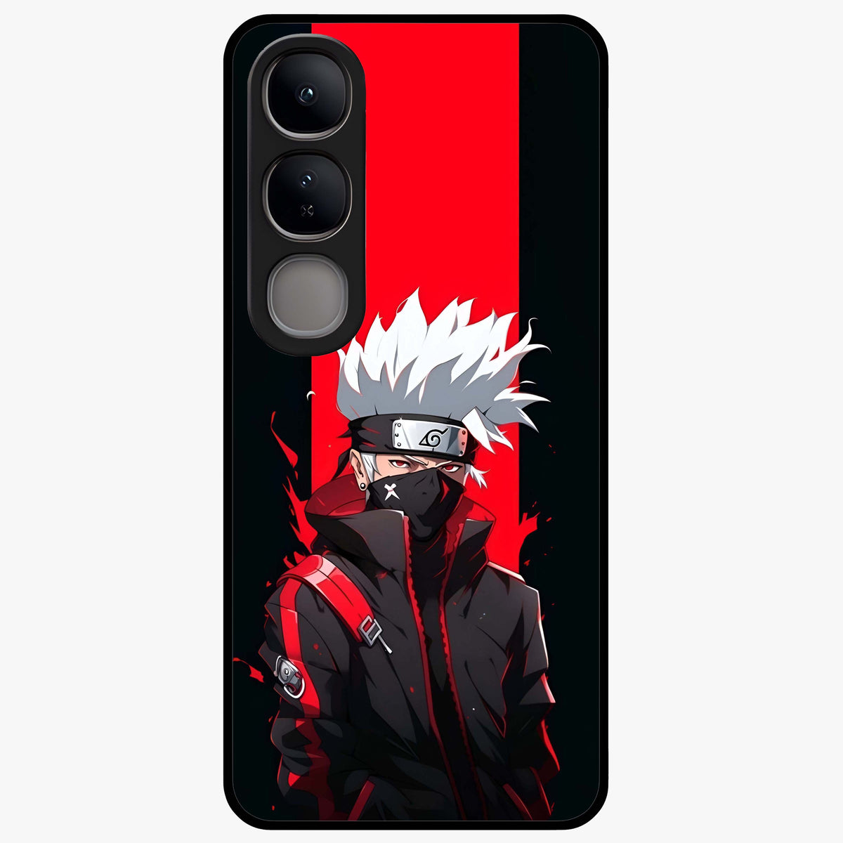 Kakashi Scarlet Shadow Glass Case showing flat back view with powerful anime ninja artwork and glossy glass finish.