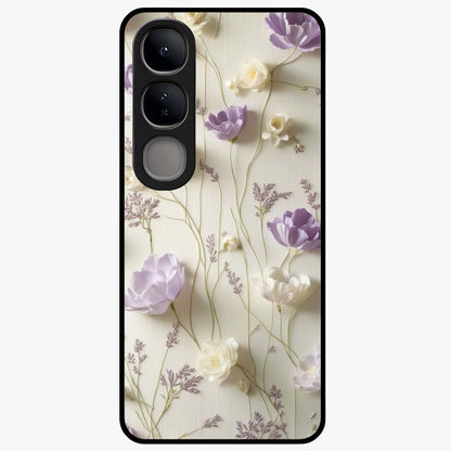 Lilac Breeze Harmony Glass Case showing flat back view with soft lilac themed artwork and glossy glass finish.