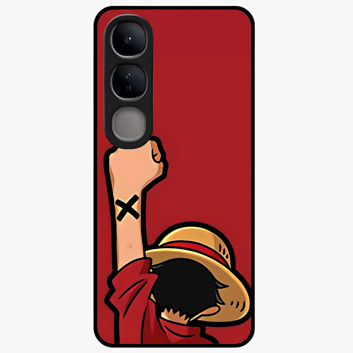 Luffy X Spirit Glass Case showing flat back view with bold anime character artwork and glossy glass finish.