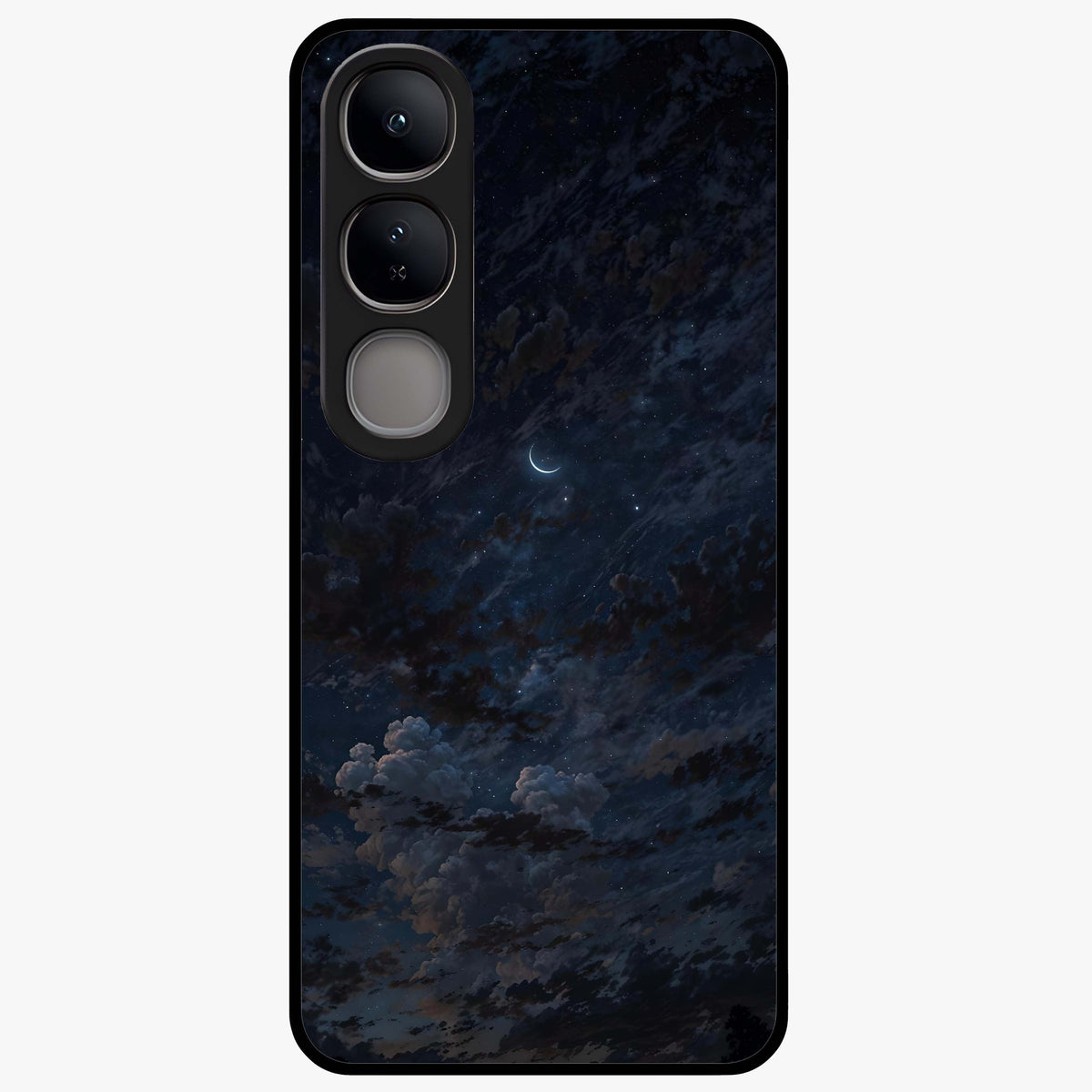 Lunar Veil Silence Glass Case showing flat back view with mystical moon veil artwork and glossy glass finish.