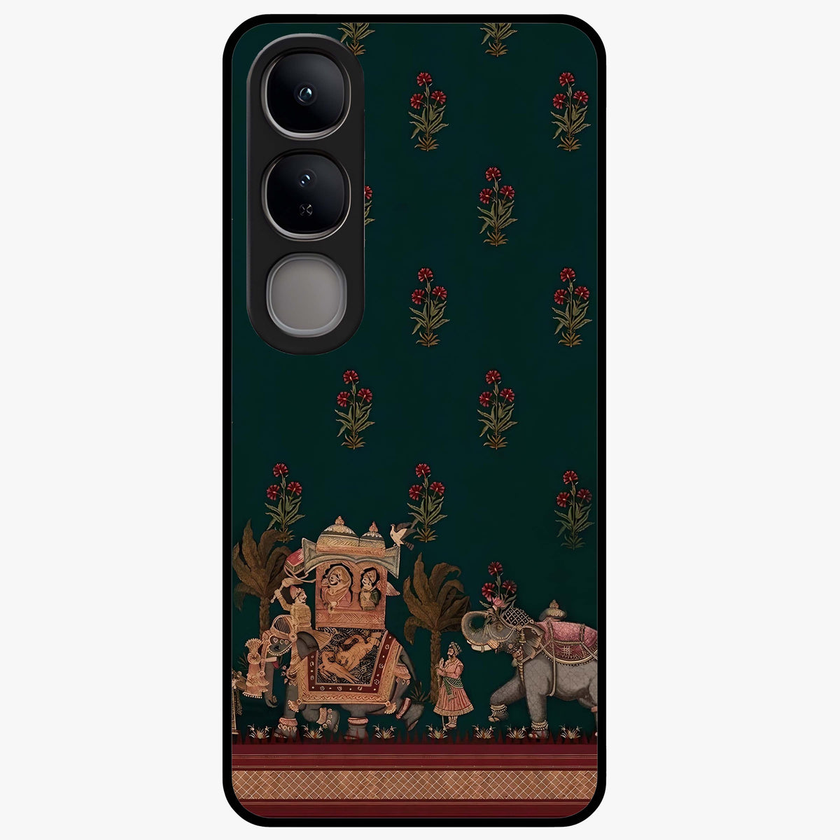 Macmerise Glass Case showing flat back view with stylish modern artwork and glossy glass finish.