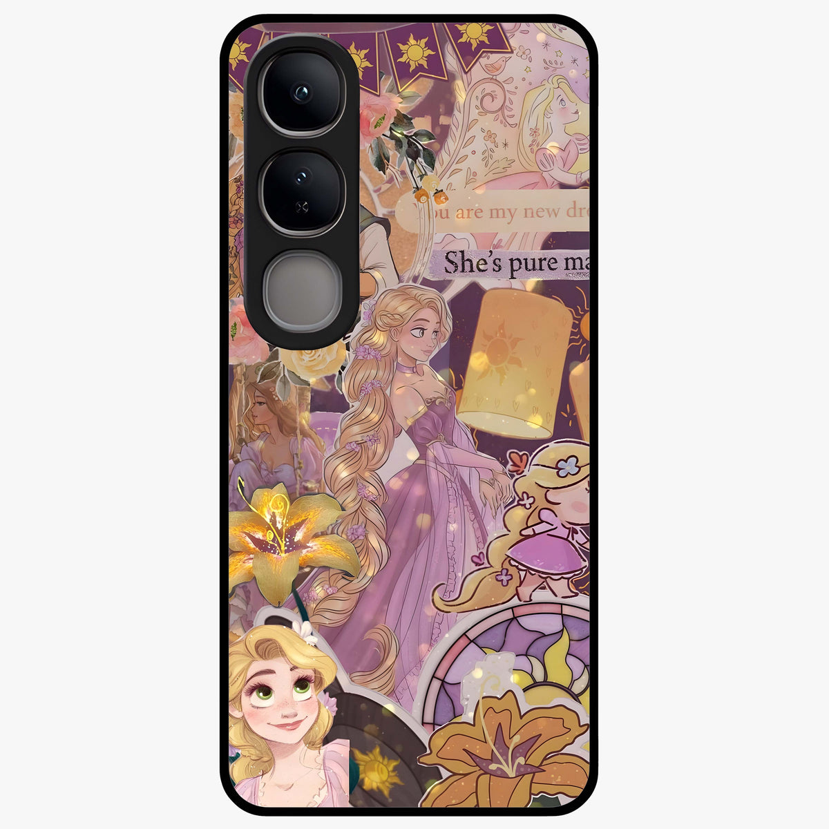 Magical Tangled Dream Glass Case showing flat back view with dreamy tangled artwork and glossy glass finish.