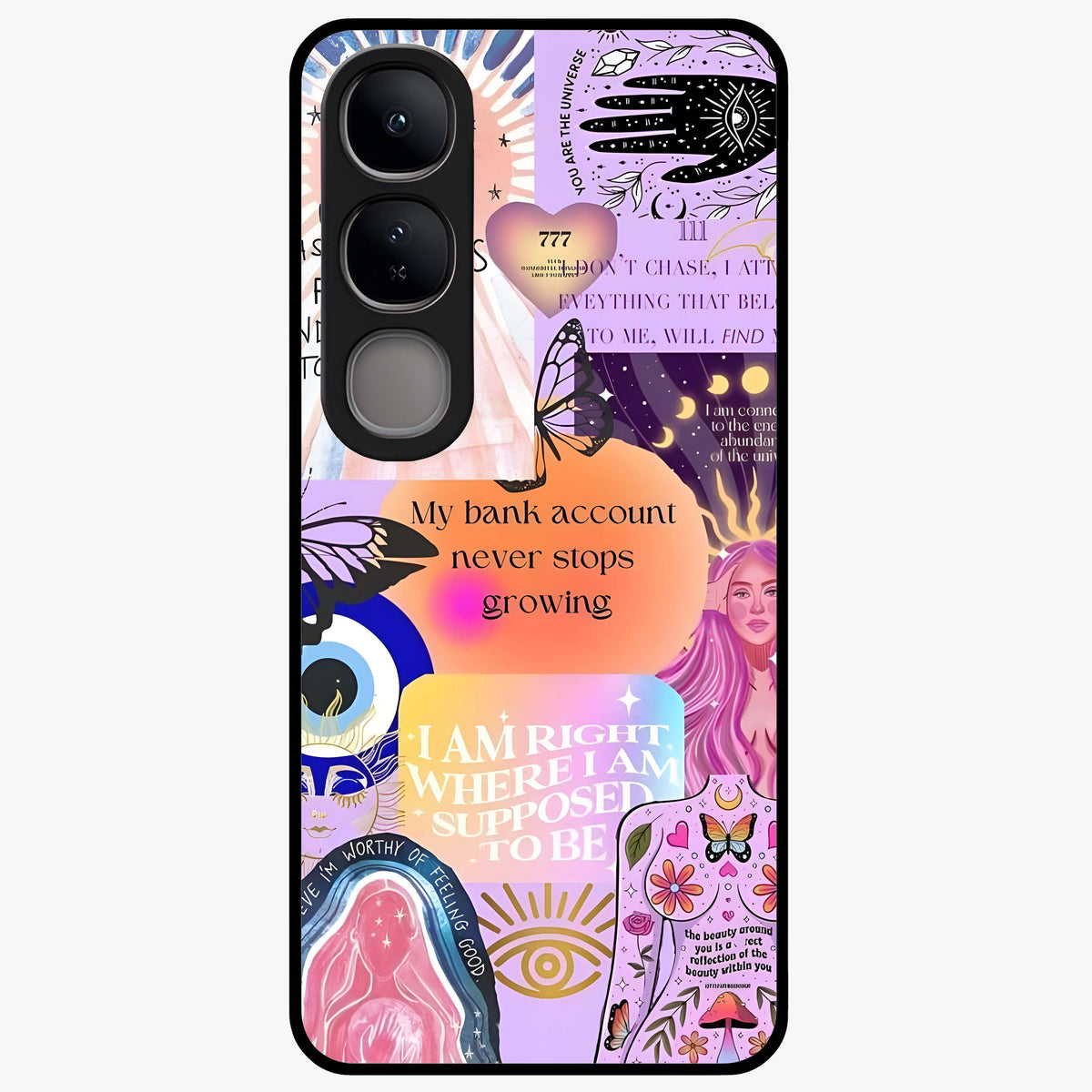 Manifestation Collage Glass Case showing flat back view with motivational collage artwork and glossy glass finish.