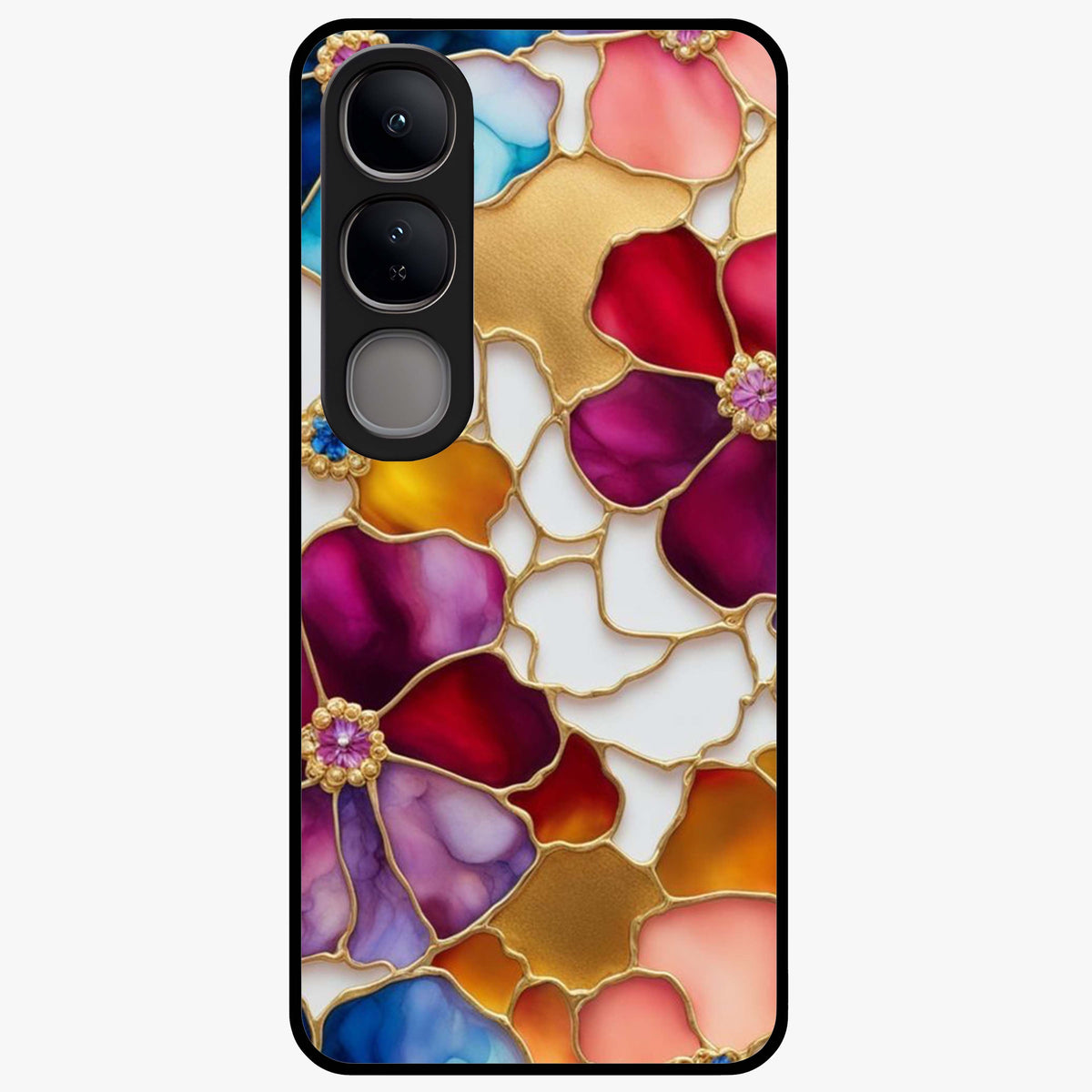 Marble Flower Pattern Glass Case showing flat back view with marble texture floral artwork and glossy glass finish.