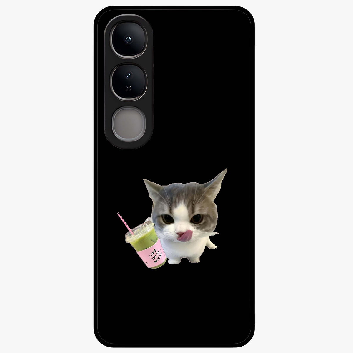 Matcha Cat Style Glass Case showing flat back view with cute matcha themed cat artwork and glossy glass finish.