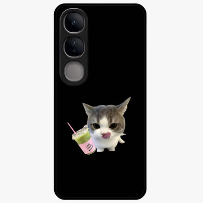 Matcha Cat Style Glass Case showing flat back view with cute matcha themed cat artwork and glossy glass finish.