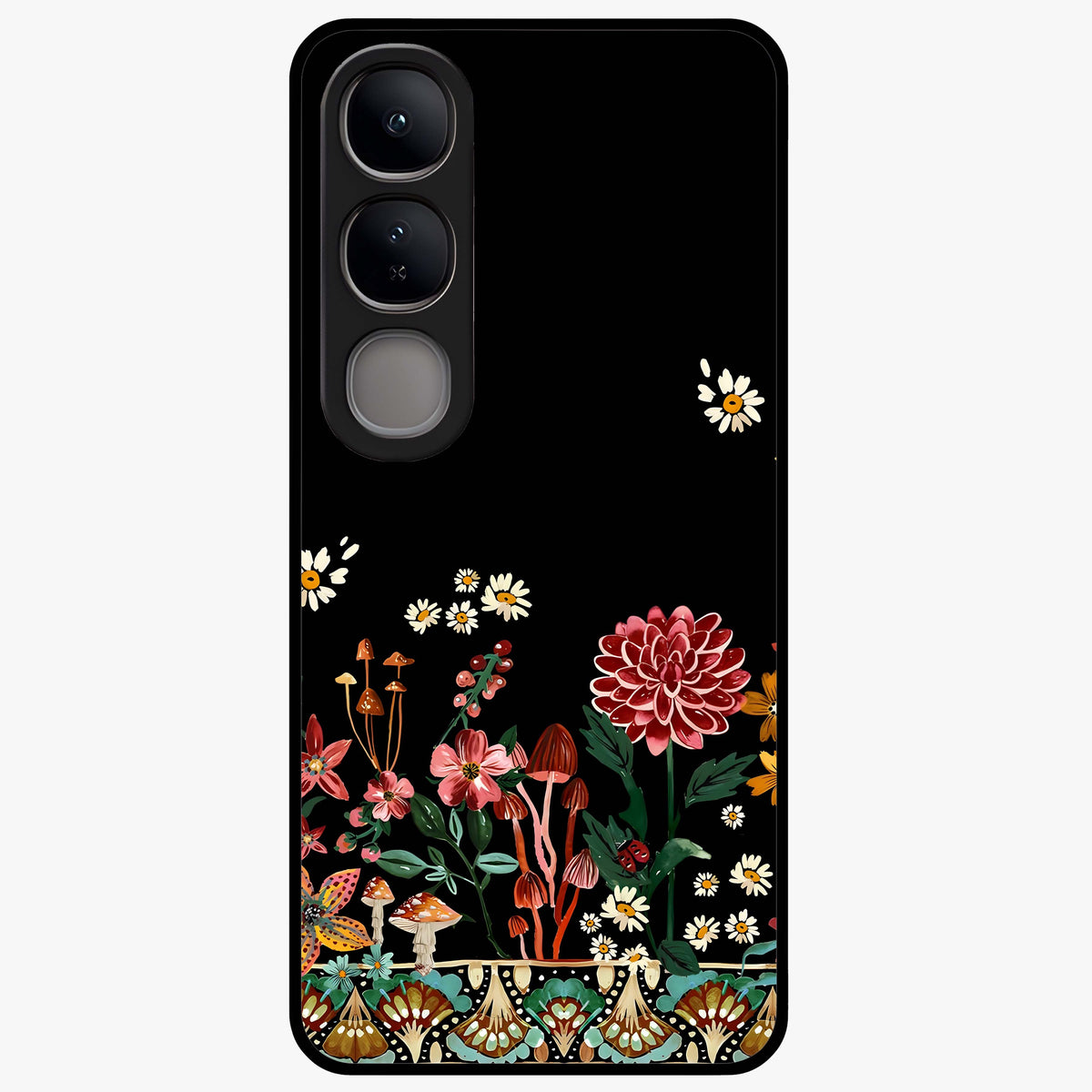 Midnight Bloom Pattern Glass Case showing flat back view with dark floral pattern artwork and glossy glass finish.