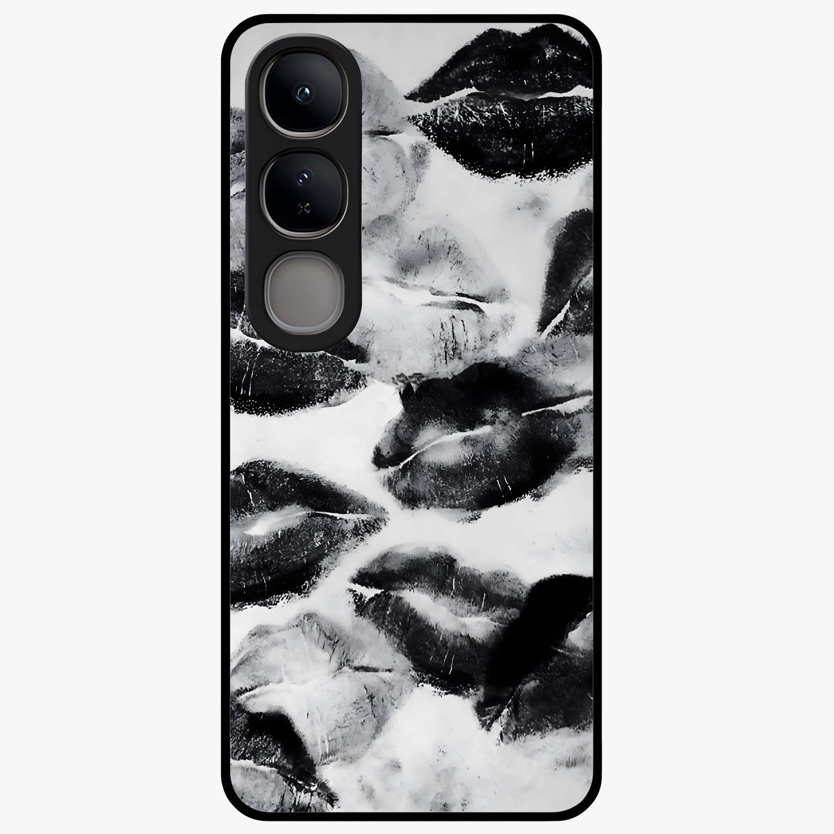 Midnight Kiss Marks Glass Case showing flat back view with lipstick kiss mark artwork and glossy glass finish.