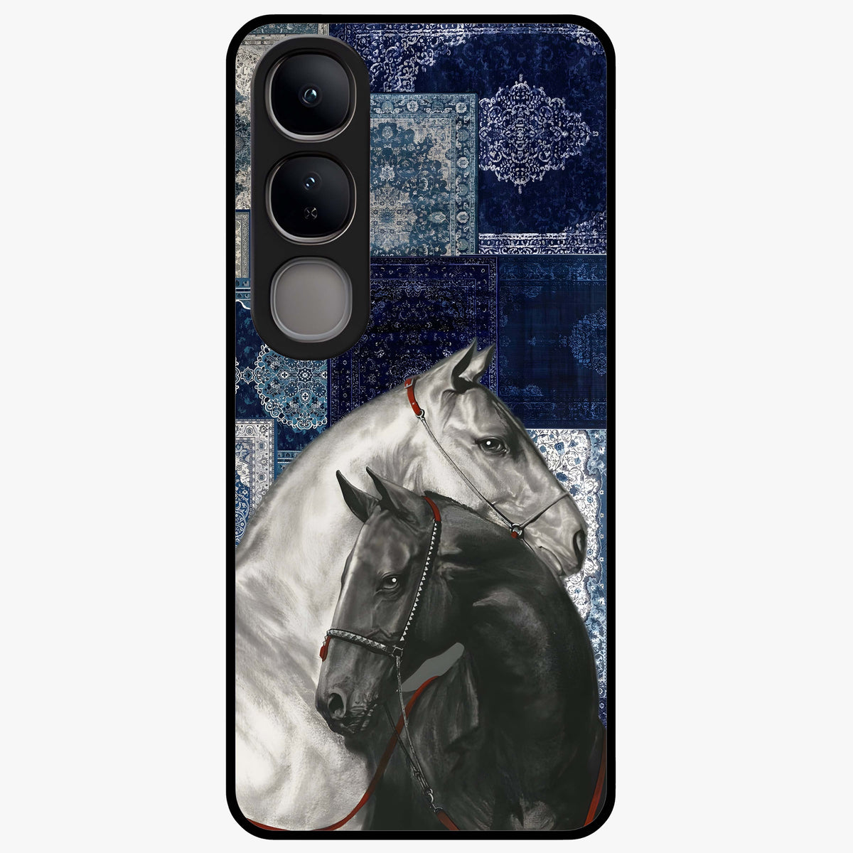 Midnight Stallion Blues Glass Case showing flat back view with majestic horse artwork and glossy glass finish.