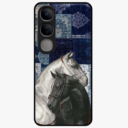 Midnight Stallion Blues Glass Case showing flat back view with majestic horse artwork and glossy glass finish.