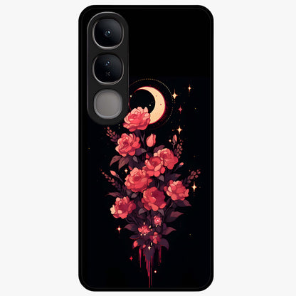 Moonlit Floral Elegance Glass Case showing flat back view with elegant floral artwork under moonlit tones and glossy glass finish.